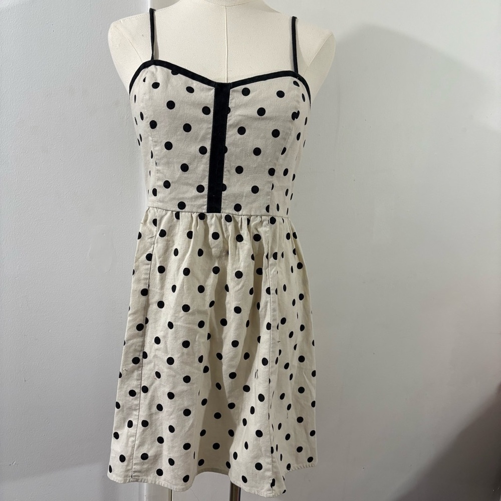 Urban Outfitters COPE Linen Blend Ivory Black Polka Dot Sleeveless Dress Sz M